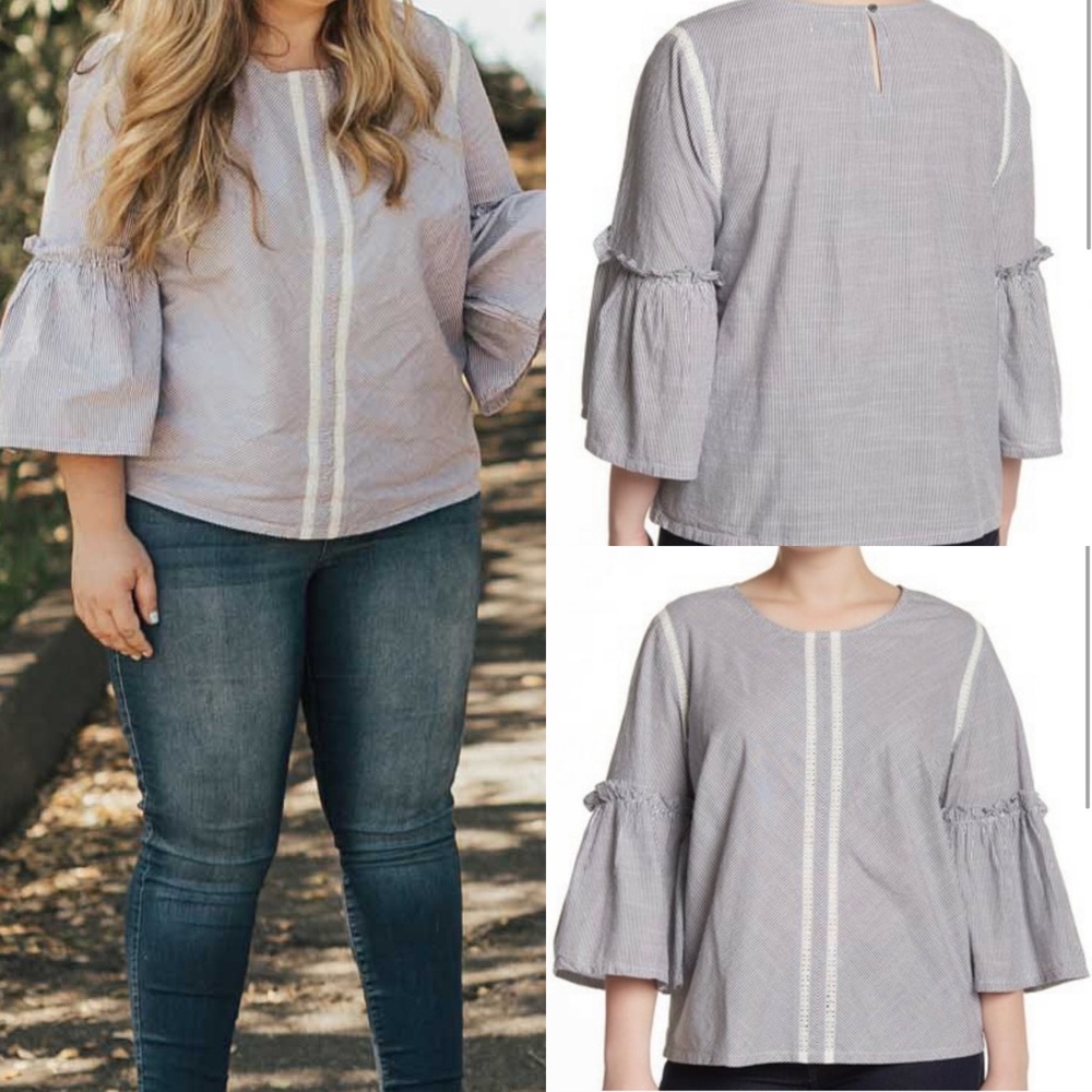 Susina Blouse 1x Blue Stripes Bell Sleeves